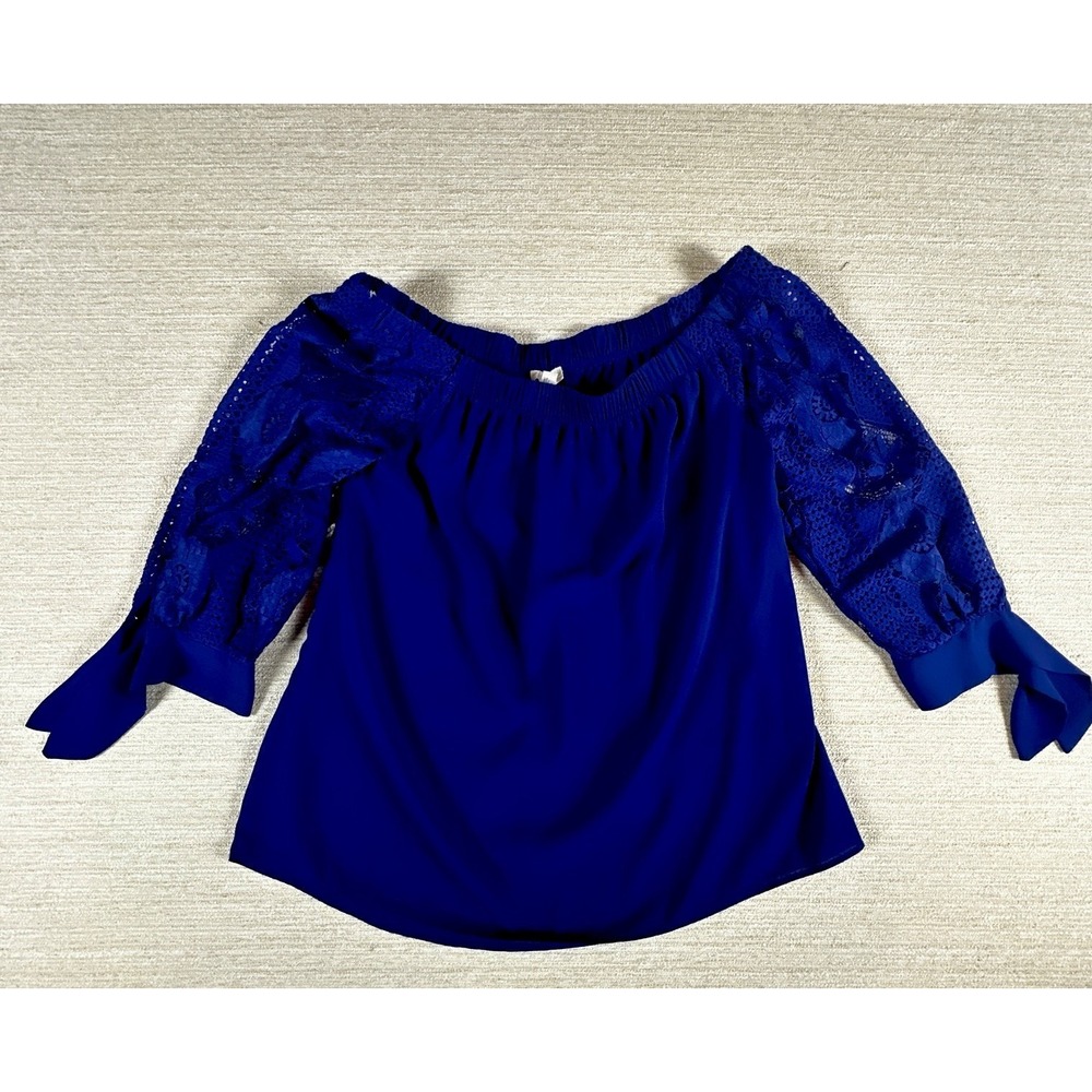 Charming Charlie Women's Large Blue Off The Shoulder Crochet Lace Sleeve Top